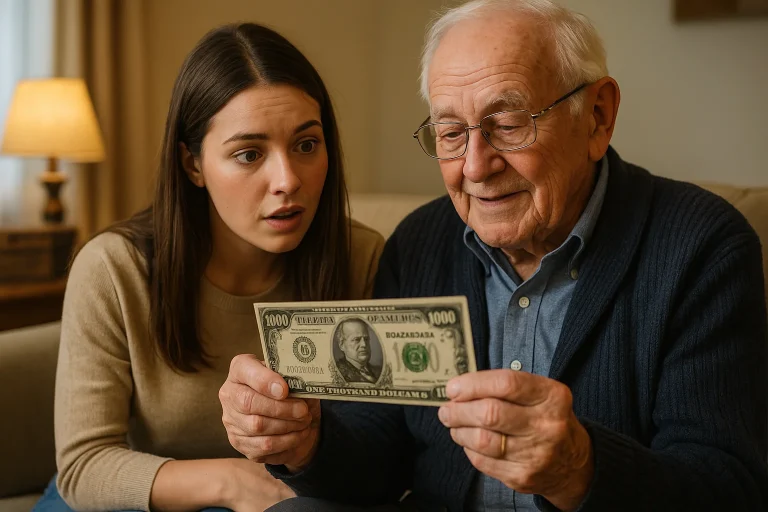 A young woman looks with admiration as her grandfather shows her a rare $1000 bill found in the family archive.