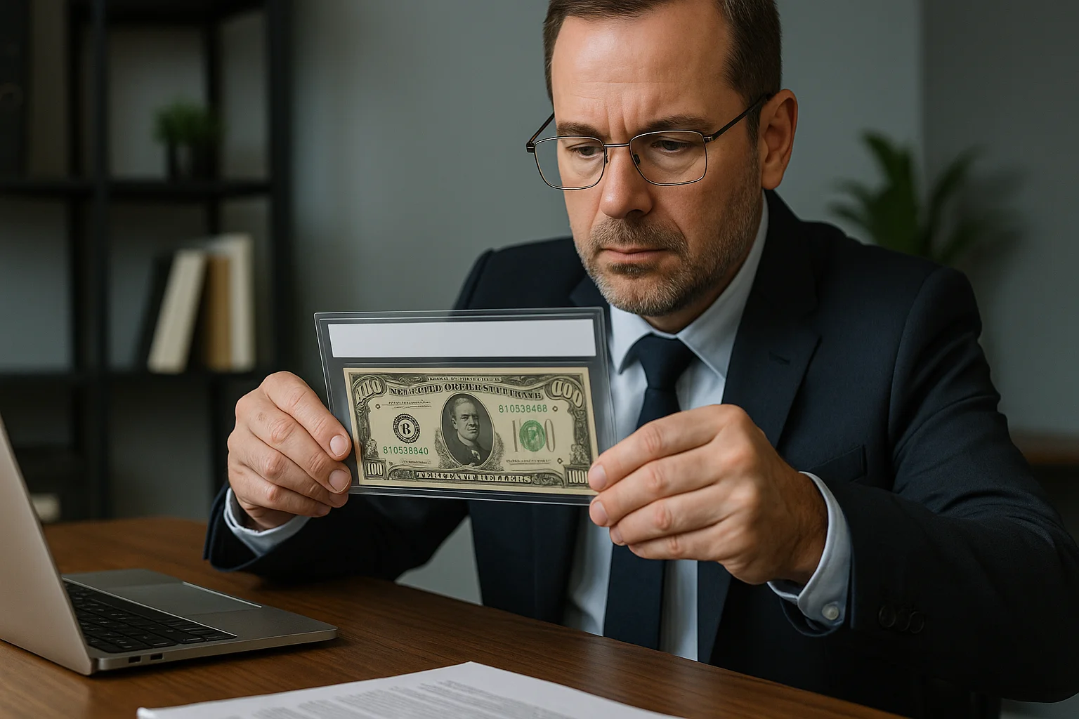 In a quiet office, an experienced collector carefully places a $1000 bill into a currency holder, preparing it for expert certification and valuation.