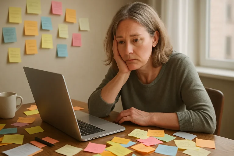 A middle-aged woman sits at a cluttered desk with a laptop and coffee cup, looking tired and overwhelmed as she struggles with focus and organization.