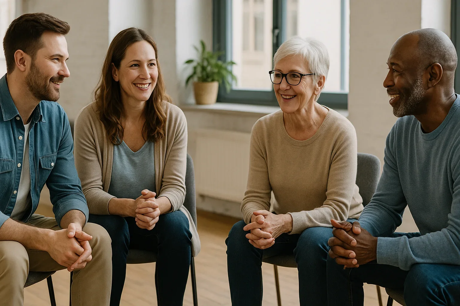 A small group of people of different ages sits in a supportive circle, sharing experiences in a warm and friendly atmosphere.