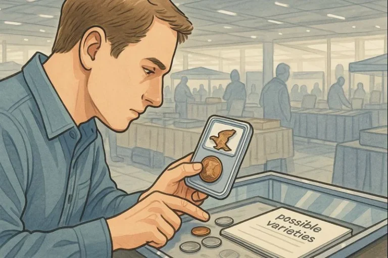 A collector looks patiently at the Flying Eagle cent at the coin show.