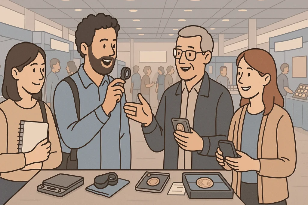A group of friends meets at the coin show to discuss their purchases.