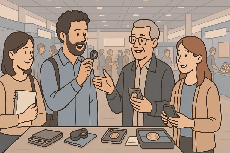 A group of friends meets at the coin show to discuss their purchases.