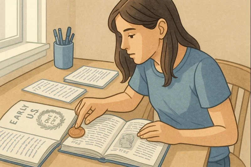 A student learns about the early U.S. coinage with books and notes.