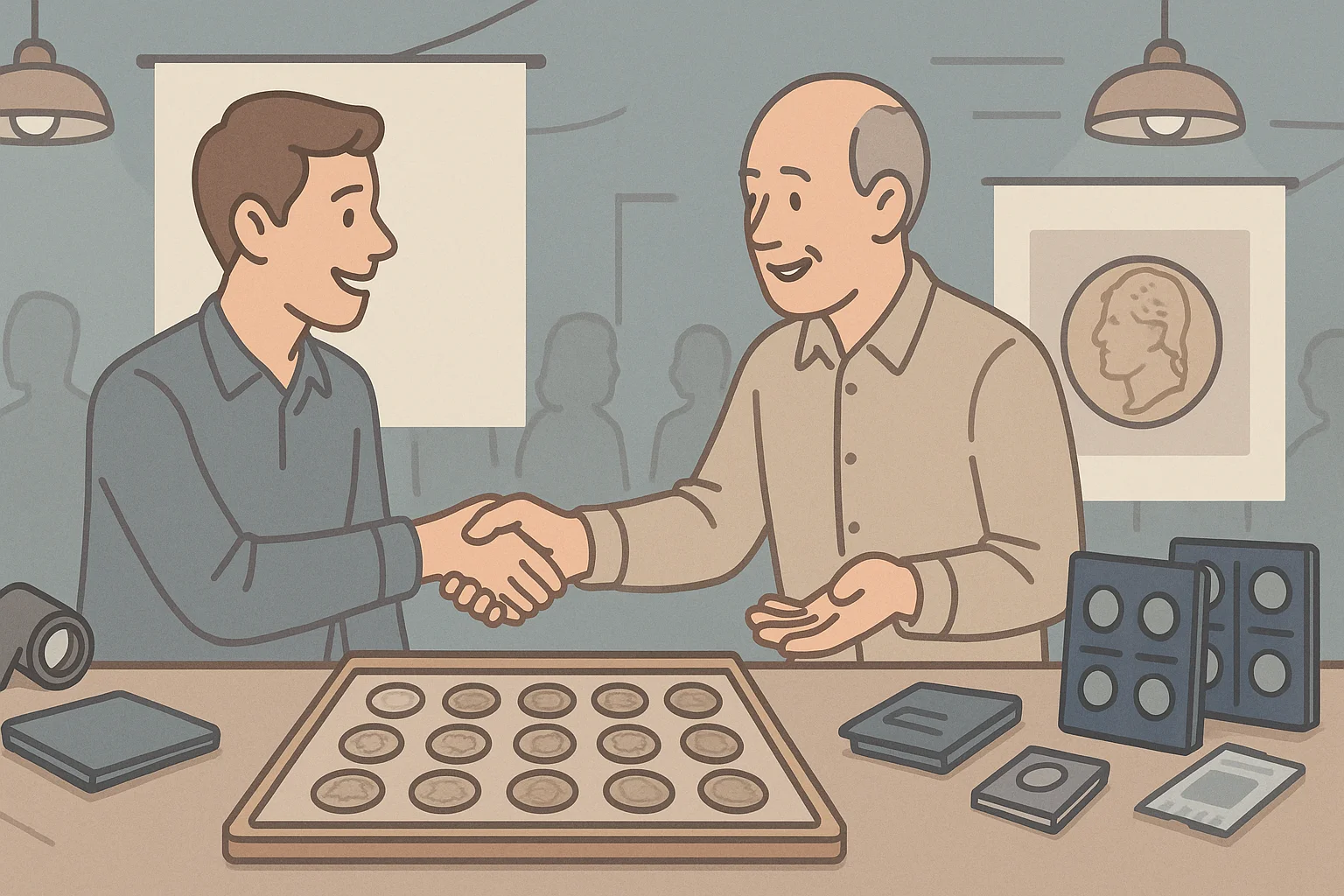 A collector and a coin seller make a deal and shake hands at the coin show.