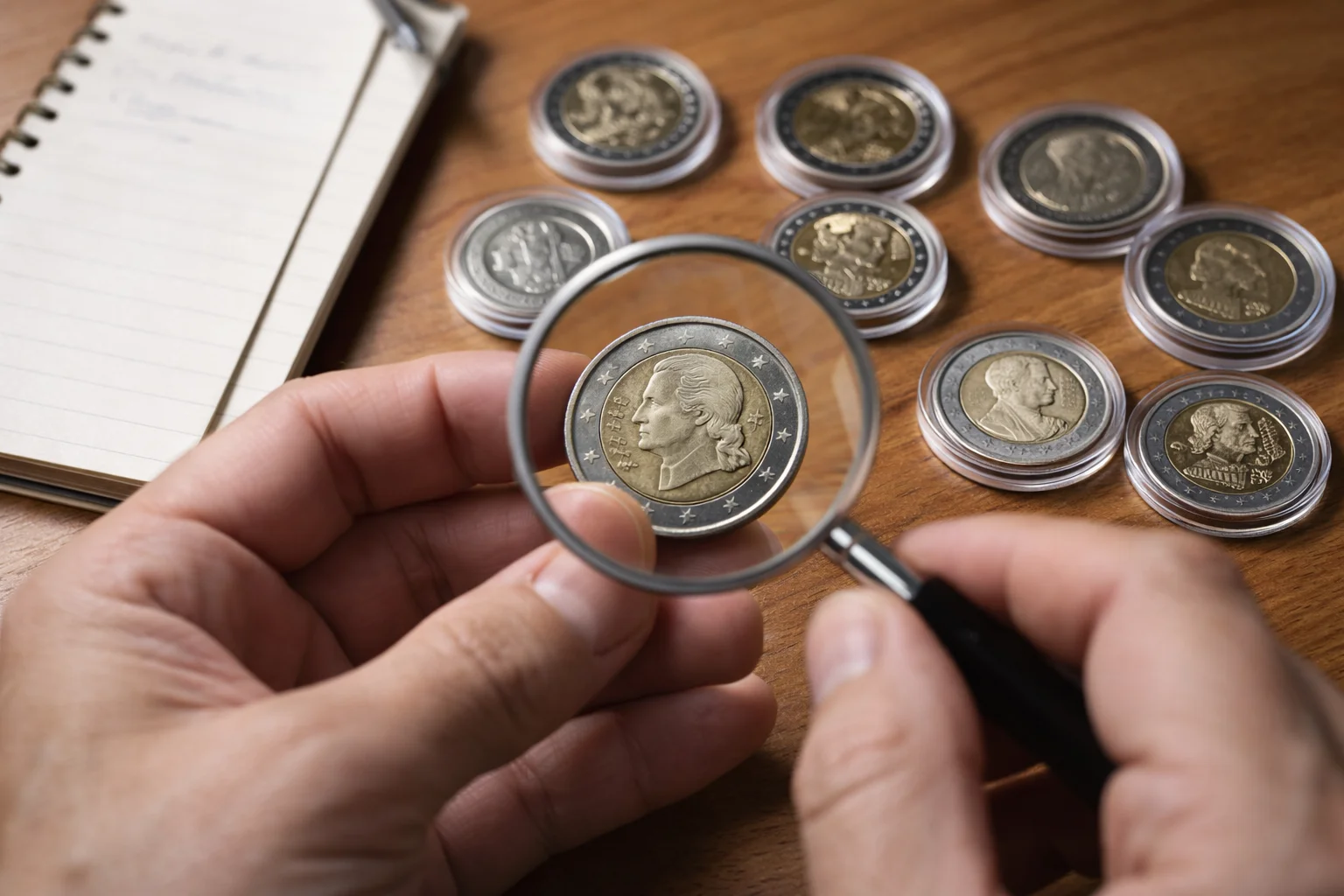 Coleccionista examinando una moneda de 2 euros con lupa sobre mesa con cápsulas y monedas.